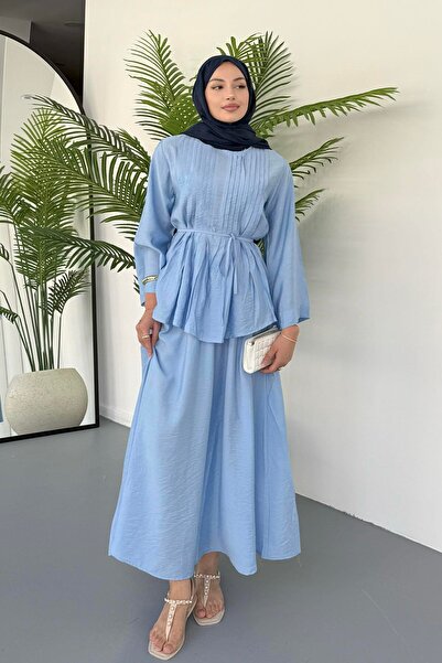 Hatun Atila Ribbed Lace Detailed Blouse and Flowing Skirt Two-Piece Set 8043 - Blue