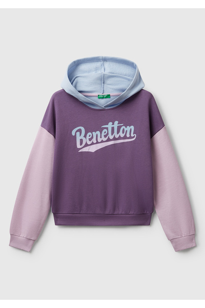 United Colors of Benetton Φούτερ με κουκούλα για κορίτσι μωβ-μπλε με λογότυπο...