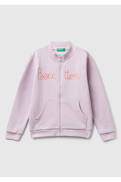 United Colors of Benetton Kız Çocuk Lila Simli Logo Baskılı Fermuarlı Ribanalı Regular Fit Sweatshirt