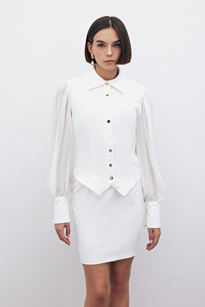 Sateen Şifon Kol Gömlek - Ekru