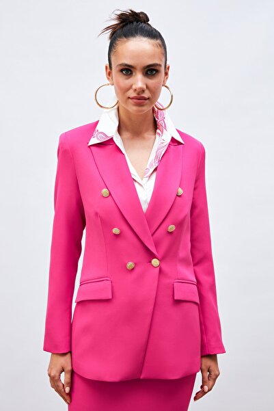 Sateen Düğmeli Blazer Ceket - Fuşya
