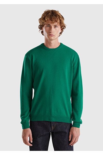 United Colors of Benetton Ανδρικό πράσινο πουλόβερ με λαιμόκοψη 100% Merino