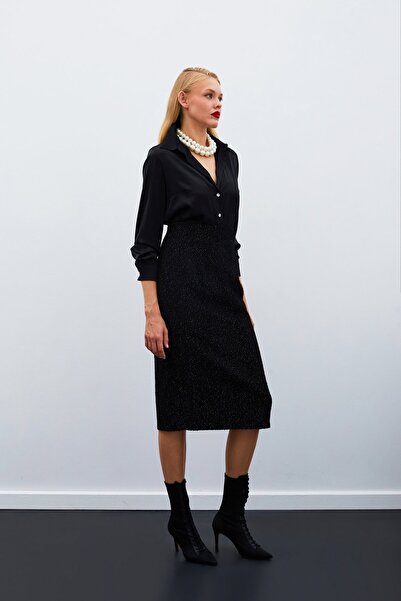 Sateen Midi Boy Tüvit Etek - SİYAH