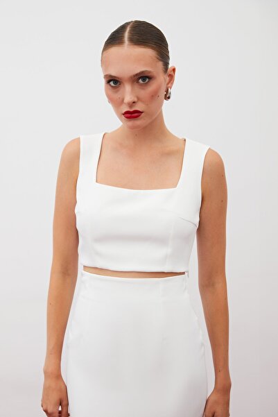 Sateen Kare Yaka Crop Bluz - Ekru