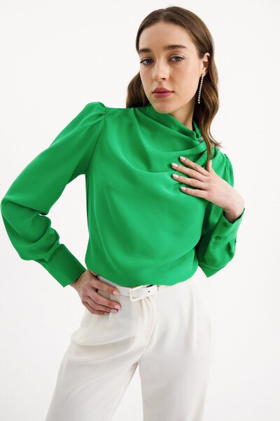 Sateen Düğmeleri Taş Detaylı Bluz - Yeşil