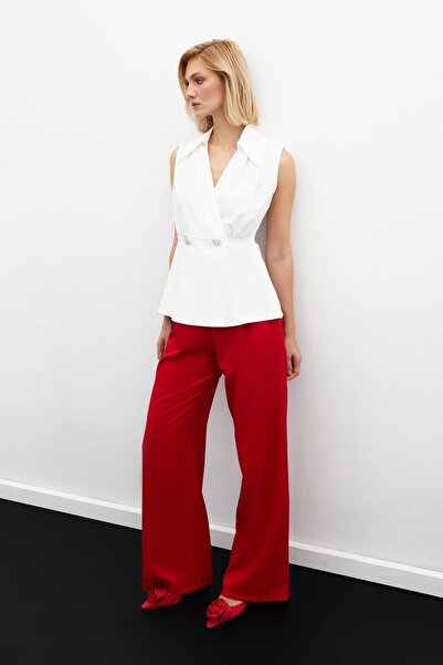 Sateen Taş Aksesuarlı Kolsuz Bluz - Ekru