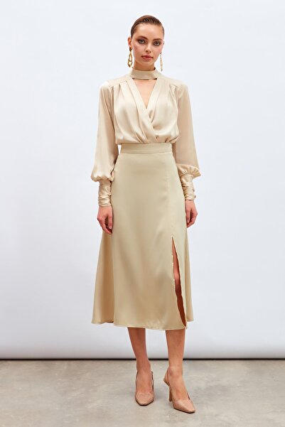 Sateen Slit Satin Skirt Beige