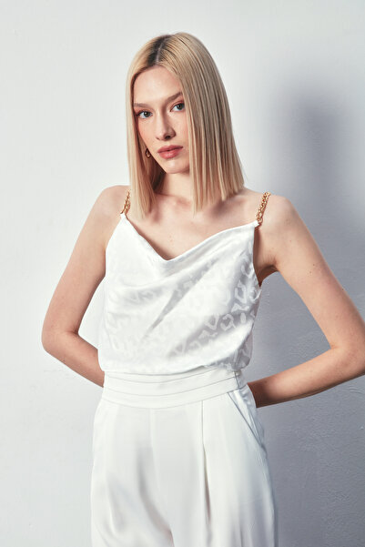 Sateen Zincir Askılı Saten Bluz - Ekru