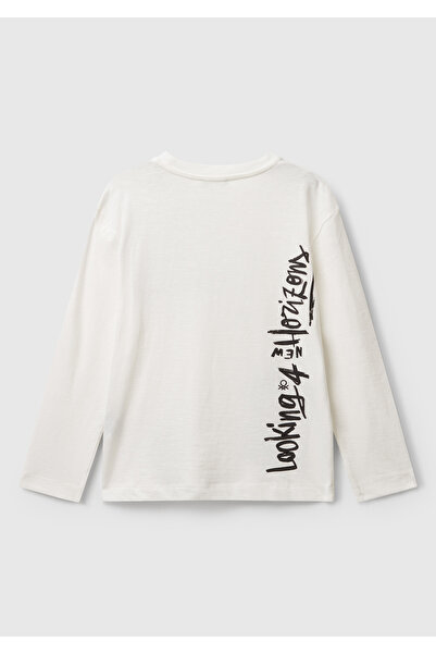 United Colors of Benetton Boy's ecru bicycle collar long sleeve t-shirt with front and back print