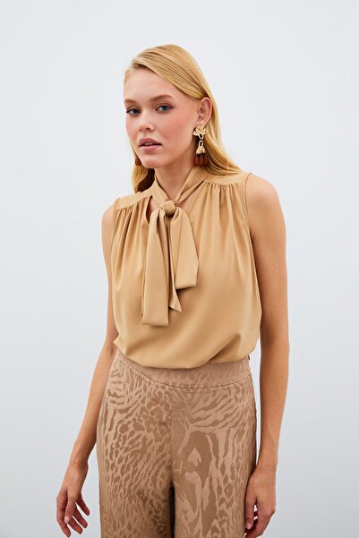 Sateen Bluză fără mâneci cu eșarfă - Camel