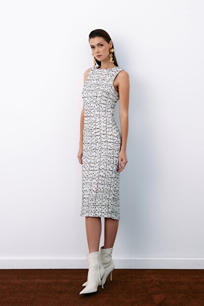 Sateen Rochie creion din tweed fără mâneci - Stone