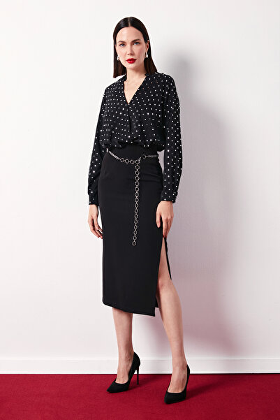 Sateen Gümüş Zincirli Kalem Etek - SİYAH