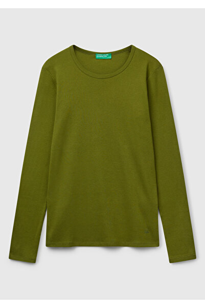 United Colors of Benetton Γυναικείο μακρυμάνικο μπλουζάκι με λαιμόκοψη χακί πράσινο Basic