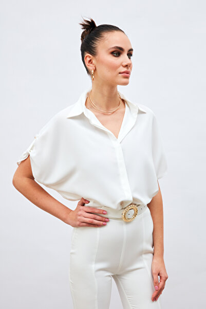 Sateen Kol Detaylı Salaş Gömlek - Ekru