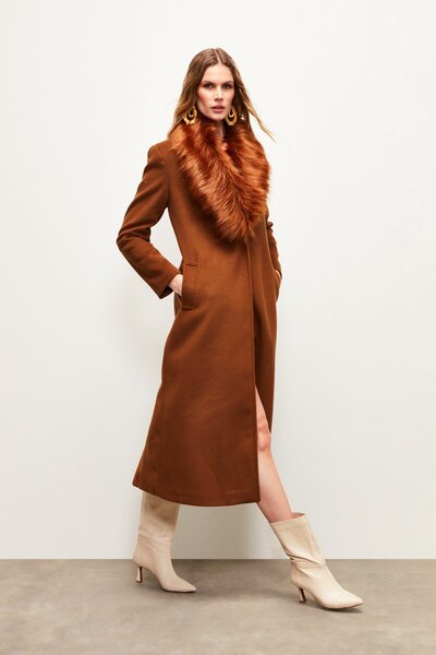Sateen Yaka Kürklü Uzun Kaban - Kahve