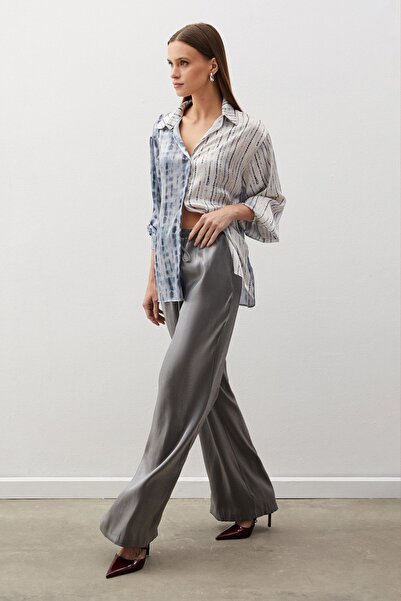 Sateen Balon Kol Desenli Gömlek - GRİ