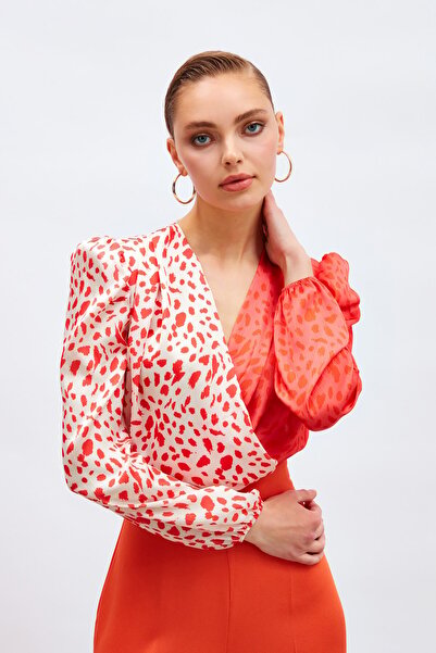 Sateen Double-Breasted Patterned Bodysuit - Coral-Red