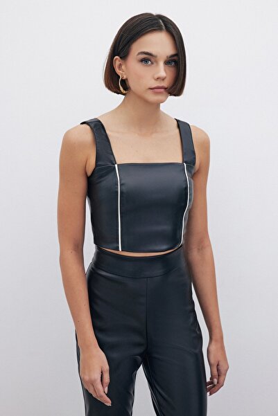 Sateen Yüksek Bel Deri Pantolon - SİYAH