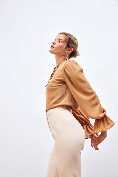 Sateen Shrug Blouse with Collar Tie Detail - Camel