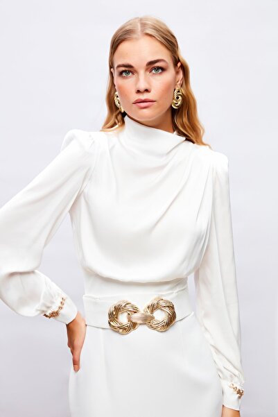 Sateen Μπλούζα με λεπτομέρεια αξεσουάρ μανίκι - εκρού