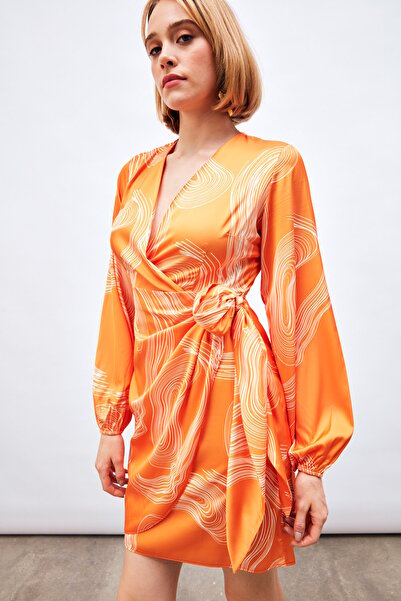 Sateen Double-Breasted Patterned Dress - Orange
