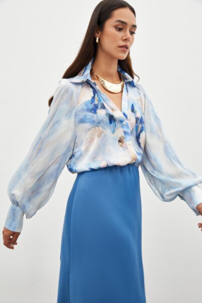 Sateen Blue Patterned Balloon Sleeve Shirt