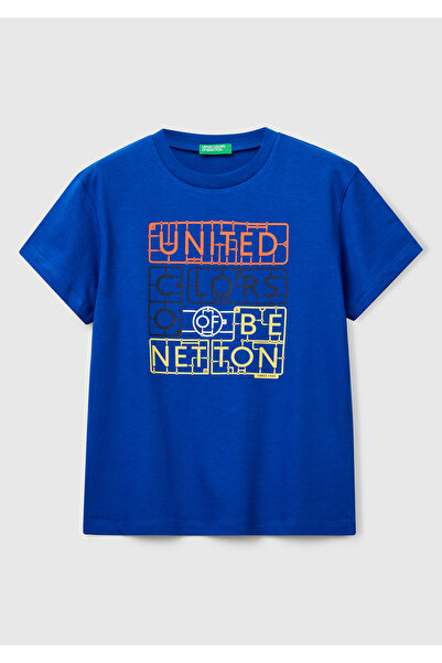 United Colors of Benetton Tricou pentru băieți, albastru Saks, cu decolteu cr...