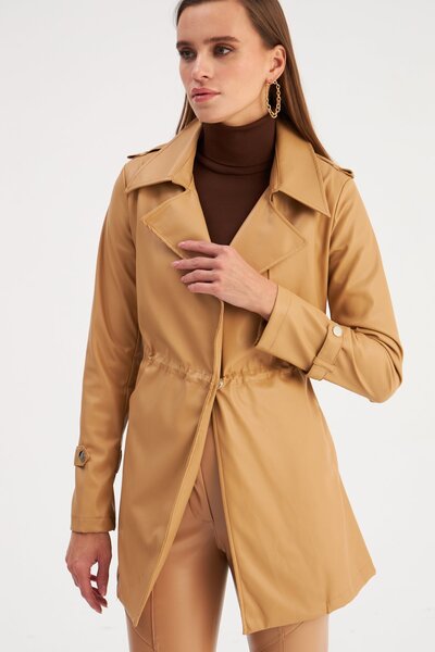 Sateen Leather Jacket with Drawstring Detail - Beige