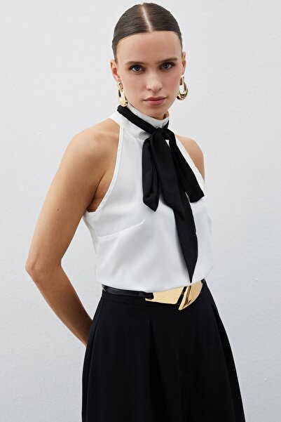 Sateen Контрастна блузка без рукавів з хусткою - Екрю