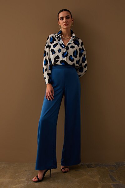 Sateen Slit Detailed Satin Trousers - Indigo