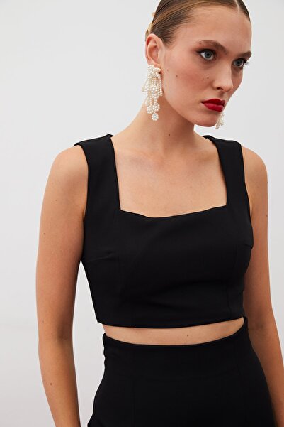 Sateen Bluză crop cu guler pătrat - NEGRĂ