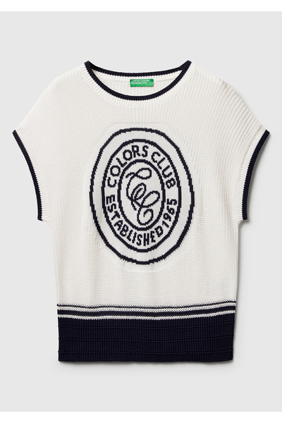 United Colors of Benetton Pulover de damă crem, 100% bumbac, cu mâneci scurte și detaliu frontal