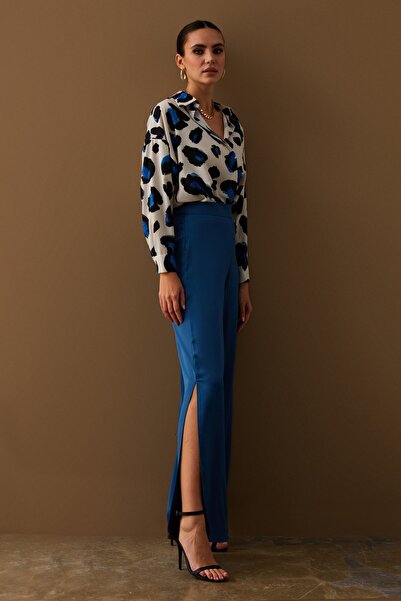 Sateen Slit Detailed Satin Trousers - Indigo