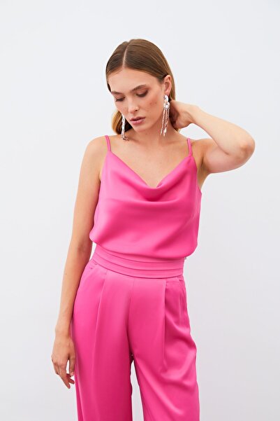 Sateen Degaje Yaka Saten Bluz - Fuşya