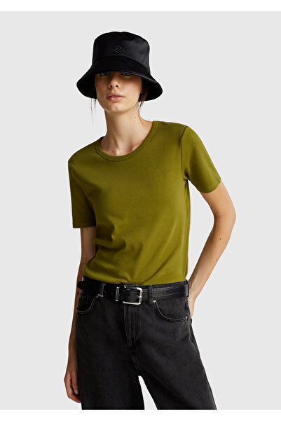 United Colors of Benetton Tricou basic pentru femei, verde kaki, 100% bumbac, cu mânecă scurtă și guler rotund