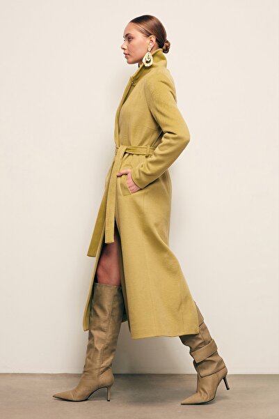 Sateen Palton lung cu curea - verde ulei