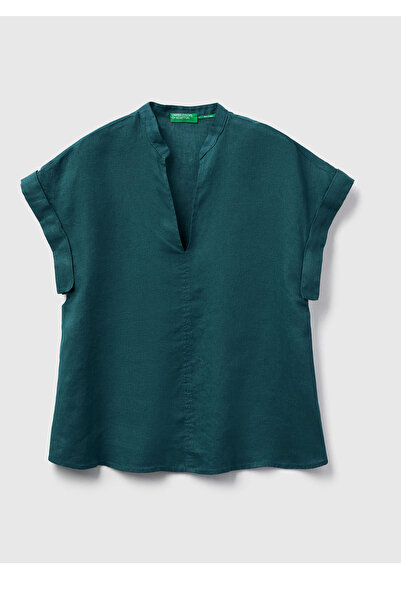 United Colors of Benetton Women's Dark Green 100% Linen V-Neck Kimono Sleeve Blouse
