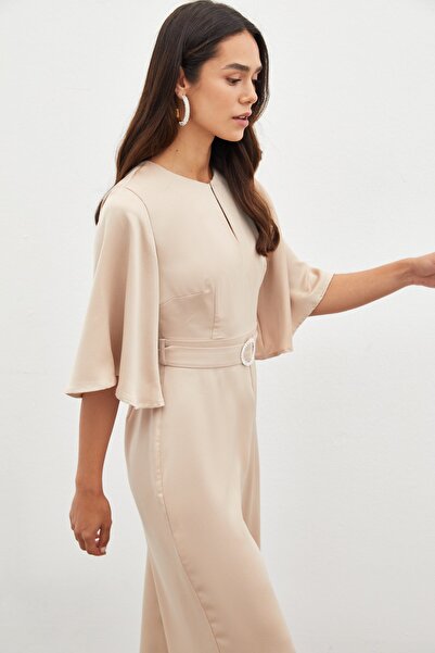 Sateen Kemerli Krep Tulum - Bej