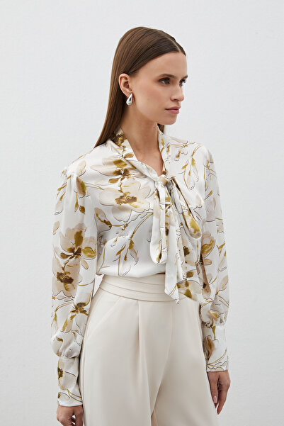 Sateen Fularlı Çiçek Desenli Gömlek - HAKİ