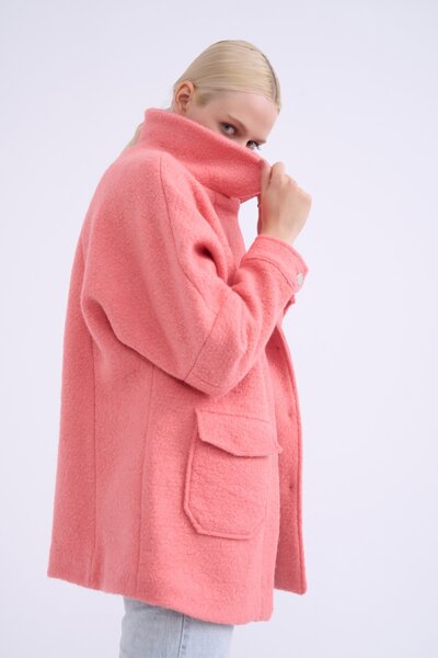 Sateen Cep Detaylı Buklet Kaban - Pudra