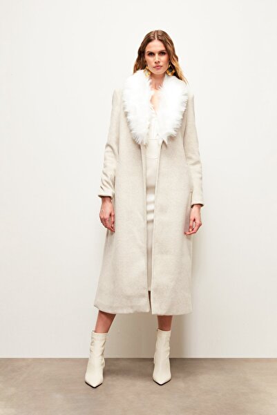 Sateen Collared Fur Long Coat - Stone
