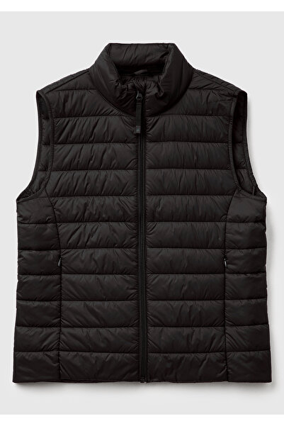 United Colors of Benetton Kadın Siyah Polyester Dolgulu Fermuarlı Slim Fit Pufa Yelek