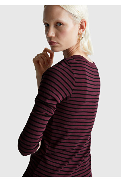 United Colors of Benetton Γυναικείο μπλουζάκι μωβ 100% βαμβακερό με ριγέ λογότυπο και μανίκια τριών τετάρτων