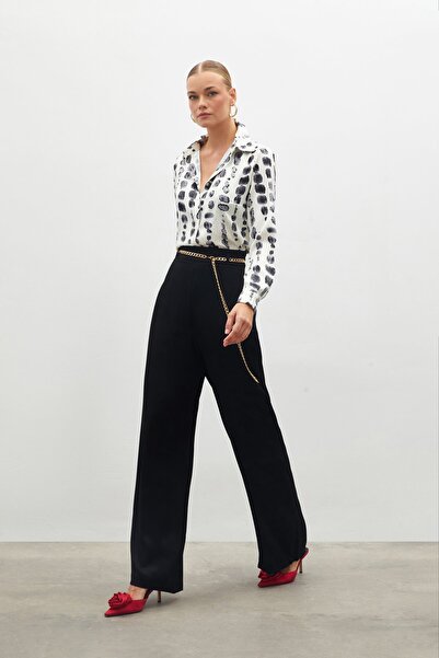 Sateen Pantaloni crep cu lanț din satin - negri