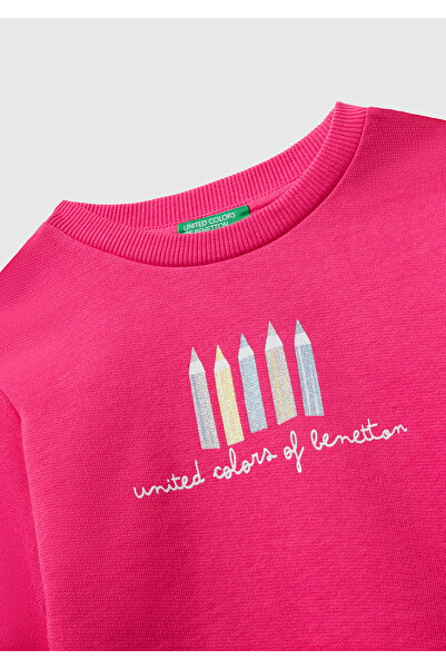 United Colors of Benetton Κοριτσίστικο ροζ μπλουζάκι με λογότυπο με ασημί εμπρός και ραβδωτή κανονική εφαρμογή