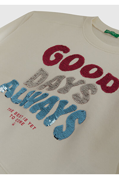 United Colors of Benetton Girl's Ecru Front Sequined Printed Ribbed Relaxed Fit Sweatshirt