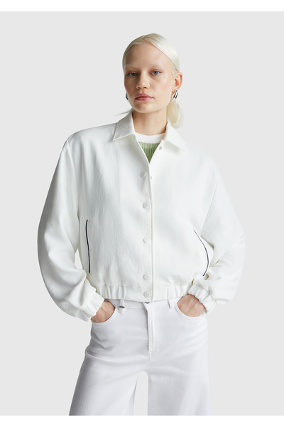 United Colors of Benetton Women's Cream Viscose Blended Shirt Collar Jacket with Snap Button Pockets on the Front