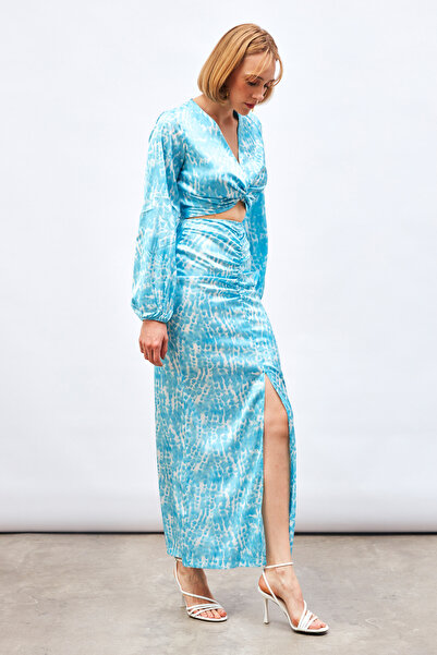 Sateen Спідниця міді з розрізом і деталізованим візерунком - ТУРКУАЗ