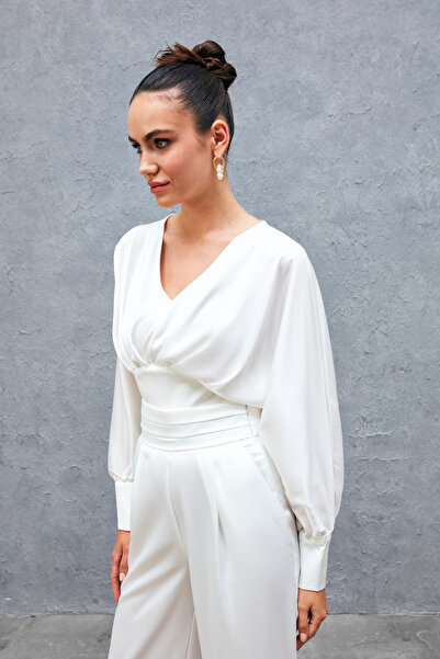 Sateen Блуза з широкими рукавами з атласу - Екрю