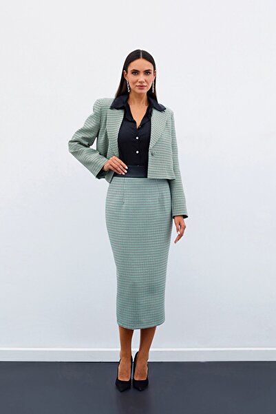 Sateen Миди пола с десен от хаундстук - ЗЕЛЕНА